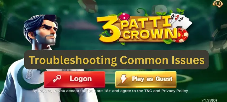 A detailed digital illustration showing a frustrated user holding a phone with a "3 Patti Crown" app error message (like "Login Failed" or "Payment Error"). Surrounding elements include warning icons, a support chat popup, and system error symbols. Background should look like a digital helpdesk or troubleshooting screen, conveying the idea of solving technical issues.