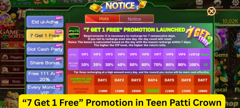Teen Patti Crown 7-day recharge promotion bonus screen